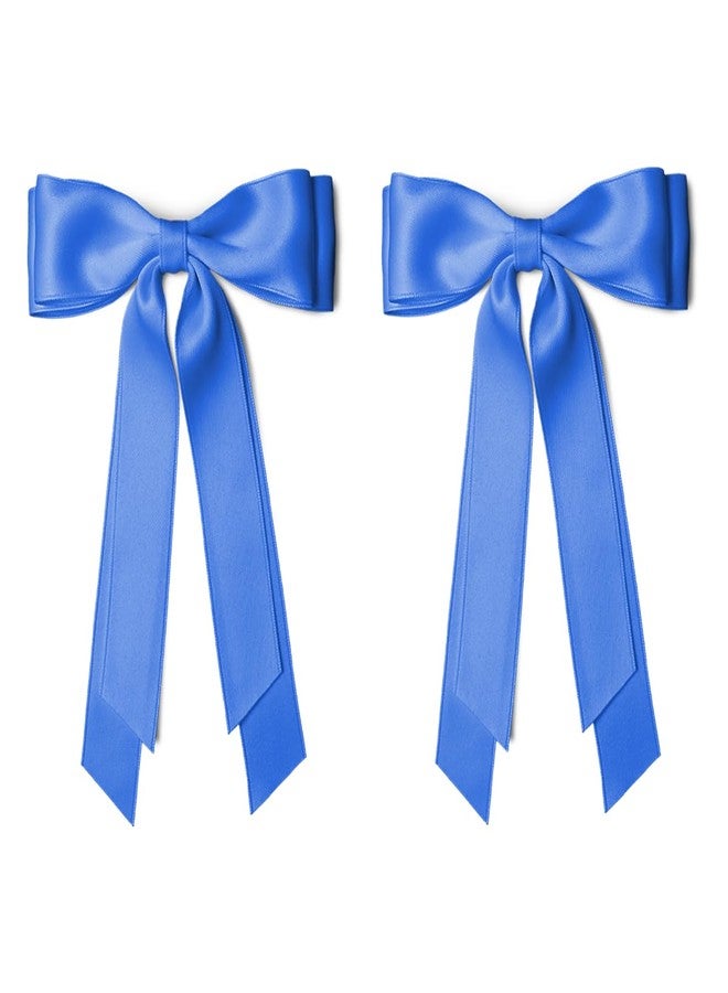 TULOBI 2Pcs Long Tail Silky Satin Hair Bows Hair Clip Royal Blue Hair Ribbon Ponytail Holder Decor Accessories Slides Metal Clips Hair Bow for Women Girls Toddlers Teens Kids 7.8inch - Image 1