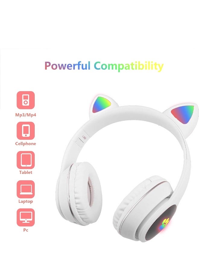MIQIA Cat Ear Wired/Wireless Bluetooth Headphones with Microphone for Kids Light Up Bluetooth Foldable Headphones with LED Light SD Card Slot FM Radio 3.5mm Audio Jack for Fun and Safe Listening White - Image 4