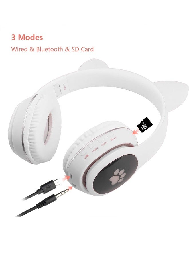 MIQIA Cat Ear Wired/Wireless Bluetooth Headphones with Microphone for Kids Light Up Bluetooth Foldable Headphones with LED Light SD Card Slot FM Radio 3.5mm Audio Jack for Fun and Safe Listening White - Image 3