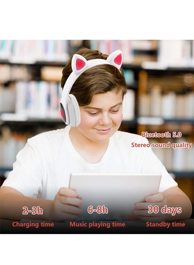 MIQIA Cat Ear Wired/Wireless Bluetooth Headphones with Microphone for Kids Light Up Bluetooth Foldable Headphones with LED Light SD Card Slot FM Radio 3.5mm Audio Jack for Fun and Safe Listening White - Image 5