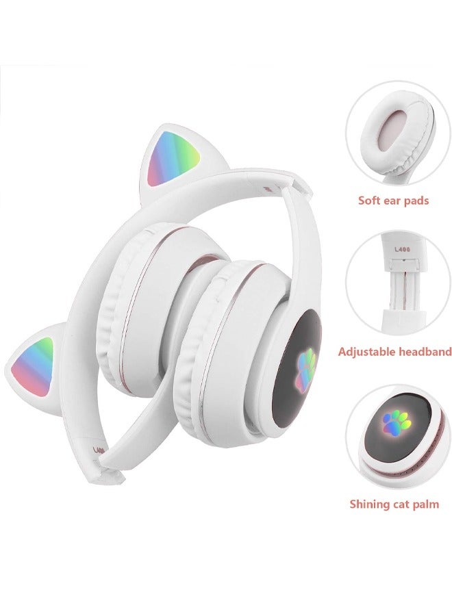 MIQIA Cat Ear Wired/Wireless Bluetooth Headphones with Microphone for Kids Light Up Bluetooth Foldable Headphones with LED Light SD Card Slot FM Radio 3.5mm Audio Jack for Fun and Safe Listening White - Image 2