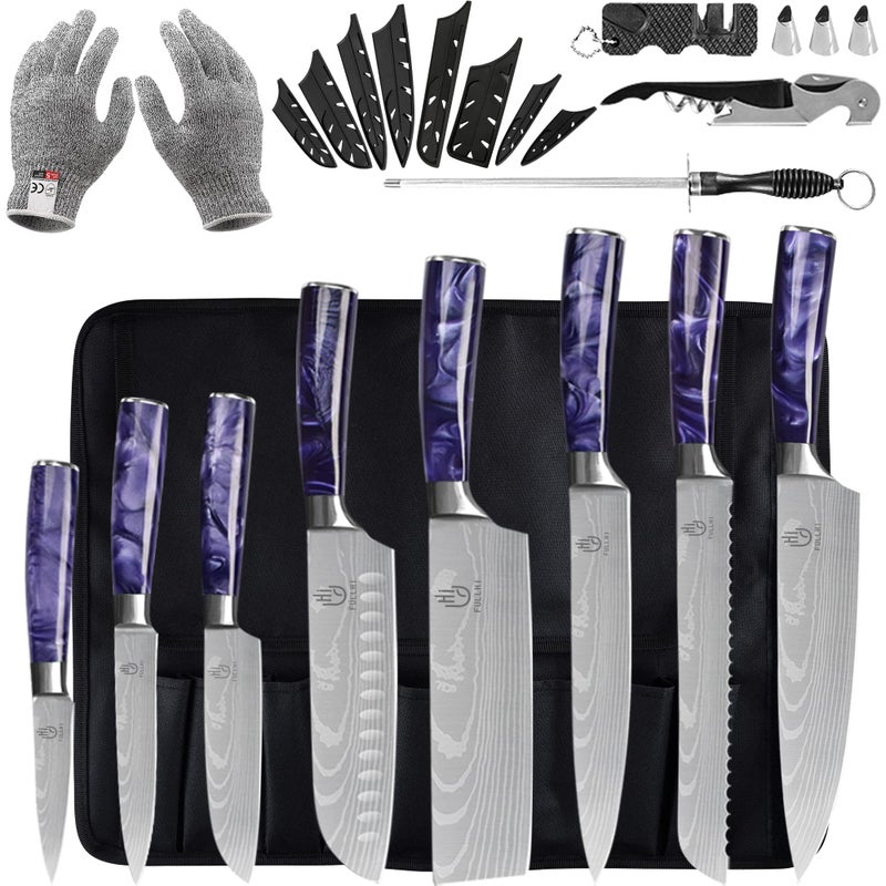 FULLHI FULLHI 14pcs Japanese Knife Set purple Colour Premium German Stainless Steel Kitchen Knife Set 