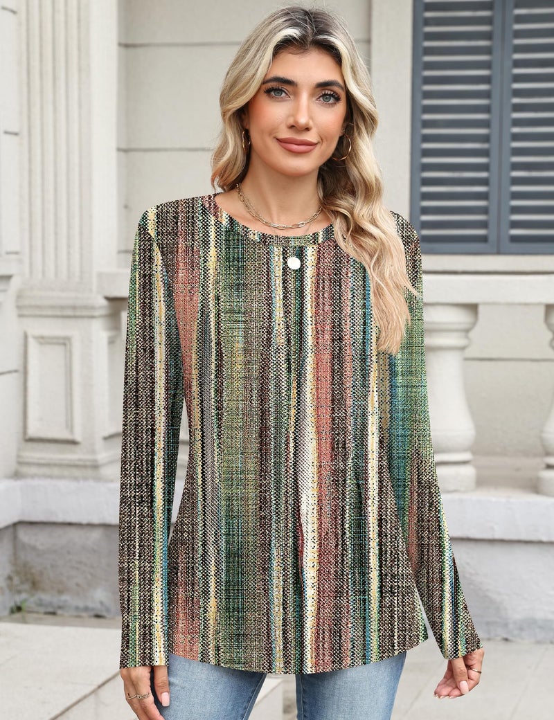 TCOT Womens Shirts Dressy Casual Long Sleeve 2026 Trendy Elegant Loose Casual Crew Neck Blouses Color Stripes XL - Image 4