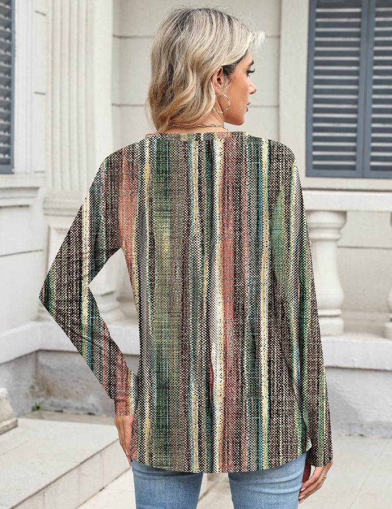 TCOT Womens Shirts Dressy Casual Long Sleeve 2026 Trendy Elegant Loose Casual Crew Neck Blouses Color Stripes XL - Image 3