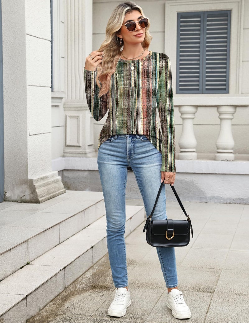 TCOT Womens Shirts Dressy Casual Long Sleeve 2026 Trendy Elegant Loose Casual Crew Neck Blouses Color Stripes XL - Image 5