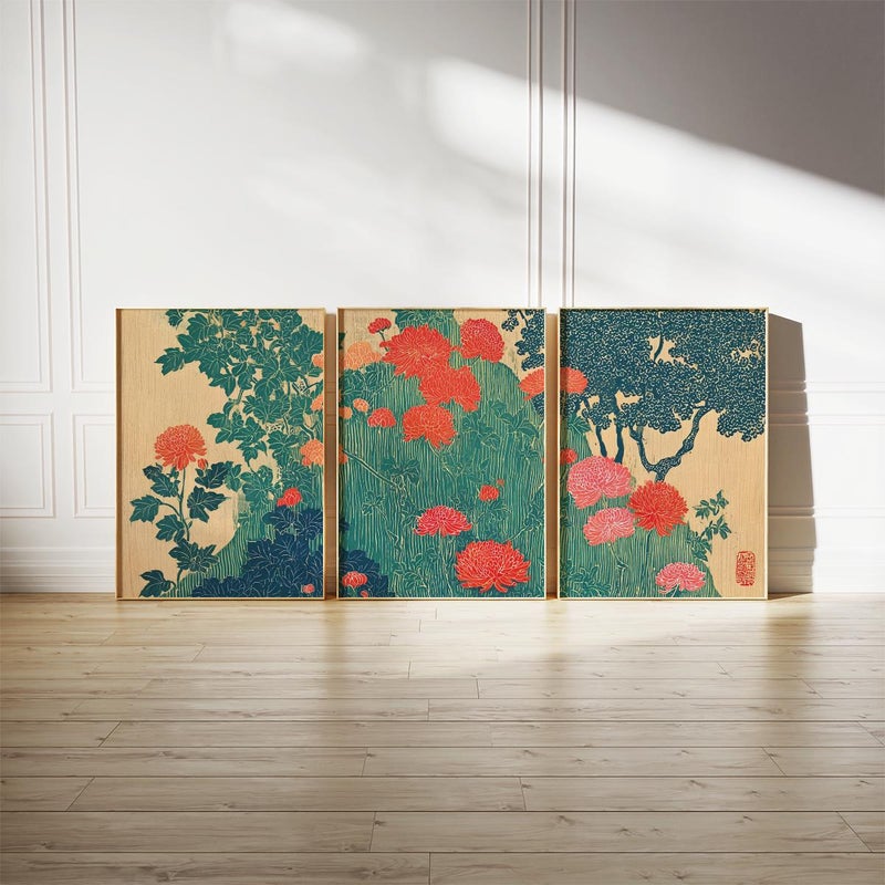 TNESSENTIAL Japanese Chrysanthemum Botanical Wall Art Set | Vintage Asian Floral Triptych | Teal Red Nature - Image 5