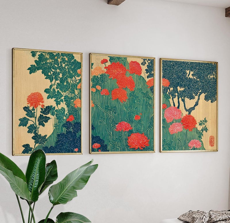 TNESSENTIAL Japanese Chrysanthemum Botanical Wall Art Set | Vintage Asian Floral Triptych | Teal Red Nature - Image 1