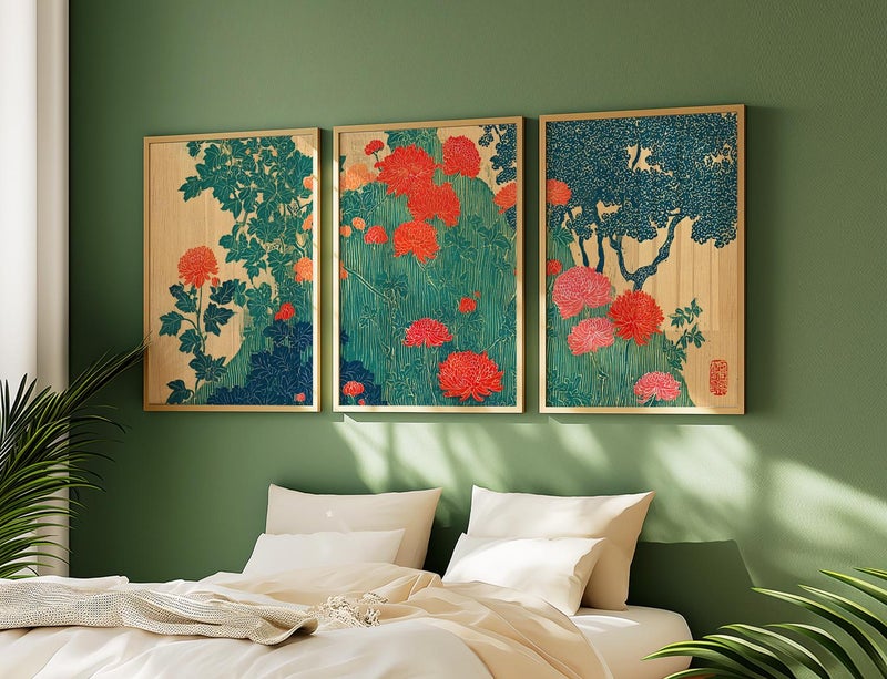 TNESSENTIAL Japanese Chrysanthemum Botanical Wall Art Set | Vintage Asian Floral Triptych | Teal Red Nature - Image 4