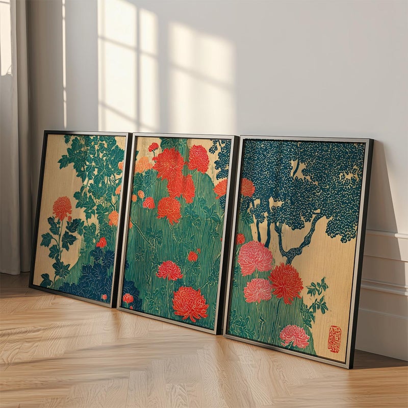TNESSENTIAL Japanese Chrysanthemum Botanical Wall Art Set | Vintage Asian Floral Triptych | Teal Red Nature - Image 3