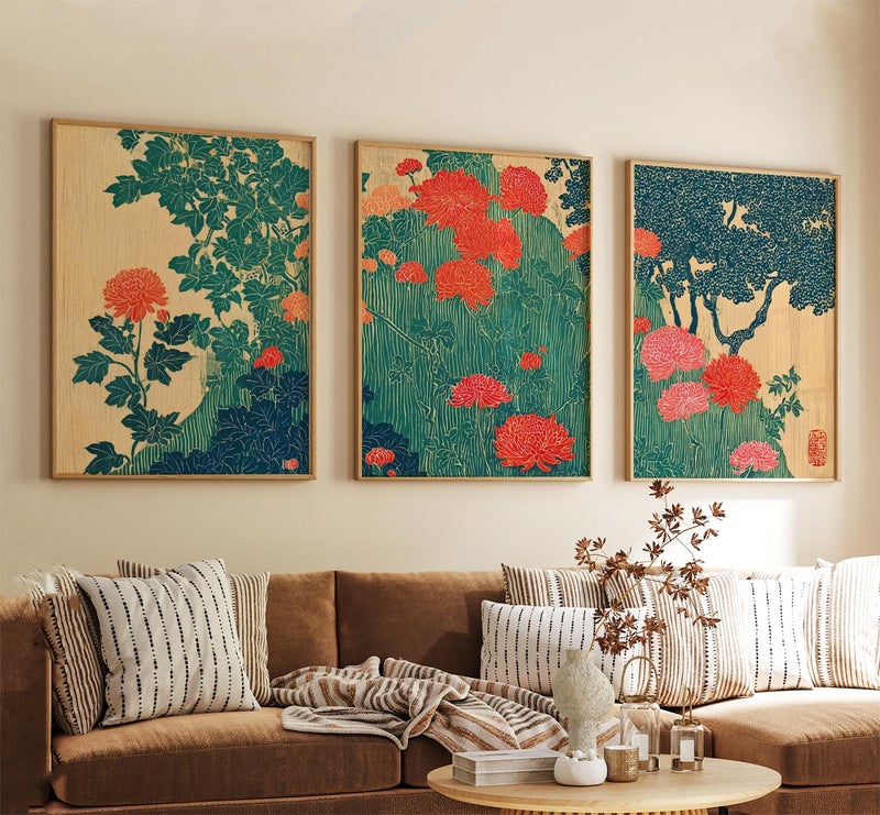TNESSENTIAL Japanese Chrysanthemum Botanical Wall Art Set | Vintage Asian Floral Triptych | Teal Red Nature - Image 2