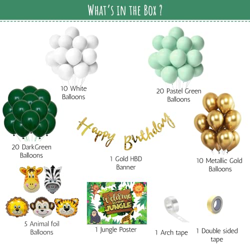 SpecialYou.in Special You Pack of 69 items Jungle Theme Birthday Decoration kit includes gold, dark green, pastel green & white balloons, welcome to jungle poster, animal foil balloons set & happy birthday banner - Image 2