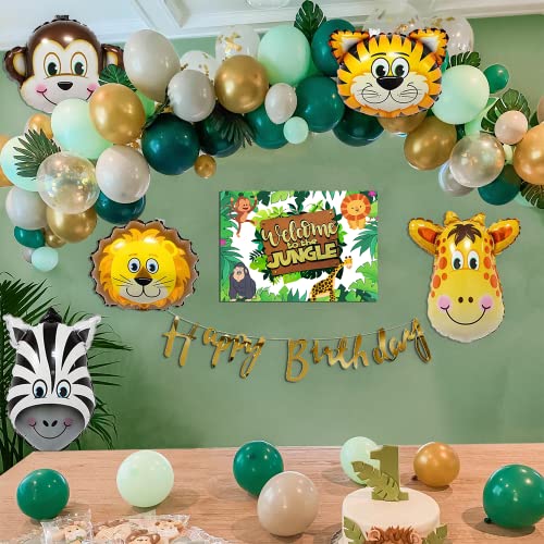 SpecialYou.in Special You Pack of 69 items Jungle Theme Birthday Decoration kit includes gold, dark green, pastel green & white balloons, welcome to jungle poster, animal foil balloons set & happy birthday banner - Image 1