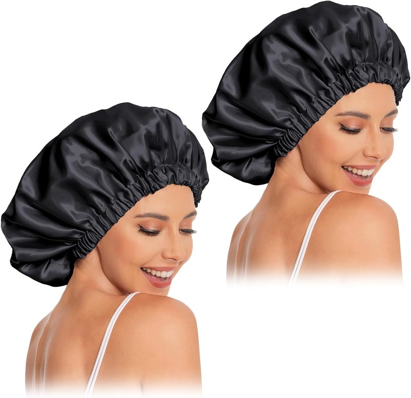 Edoneery Satin Bonnet Silk Bonnet Hair Bonnet for Sleeping-Slouchy Beanie Hat Satin Sleep Cap for Women's Natural & Curly Hair(2Pcs Black) - Image 1