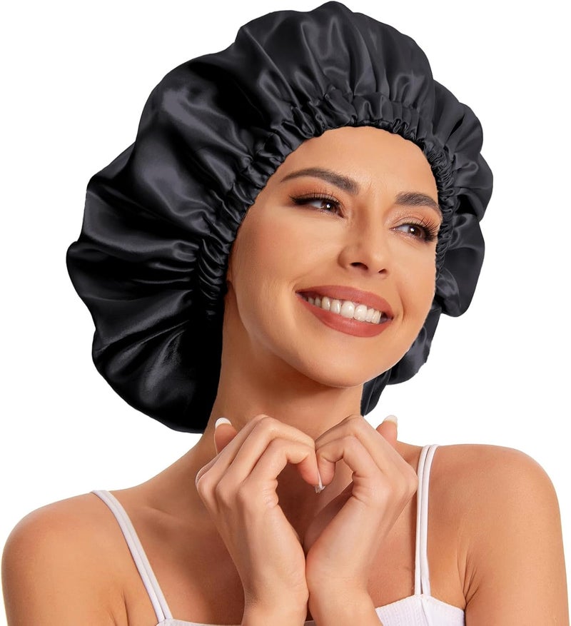 Edoneery Satin Bonnet Silk Bonnet Hair Bonnet for Sleeping-Slouchy Beanie Hat Satin Sleep Cap for Women's Natural & Curly Hair(2Pcs Black) - Image 2