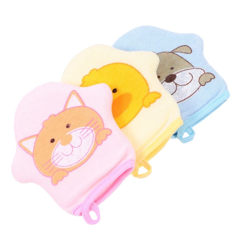 Cartoon Bath Scrub Gloves For Kids 3 Pack Soft Body Wash Mitts Yellow Blue Pink - Image 2