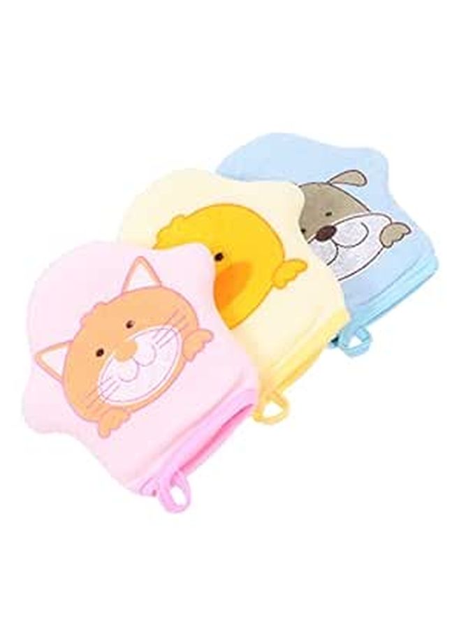 Cartoon Bath Scrub Gloves For Kids 3 Pack Soft Body Wash Mitts Yellow Blue Pink - Image 1
