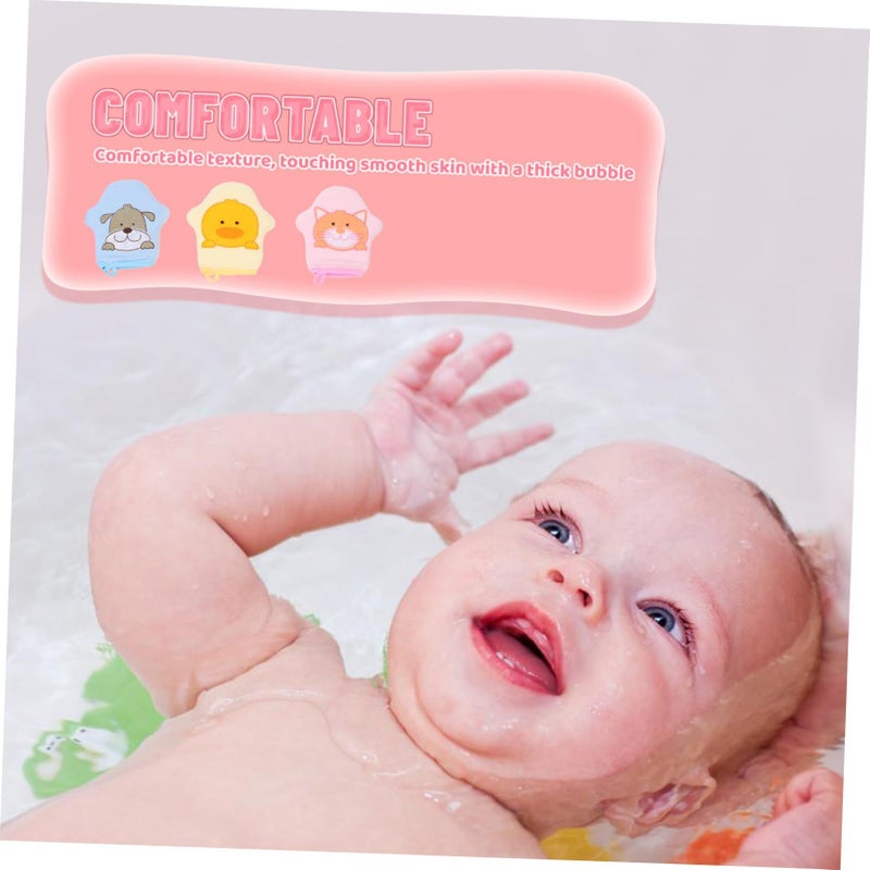 Cartoon Bath Scrub Gloves For Kids 3 Pack Soft Body Wash Mitts Yellow Blue Pink - Image 5