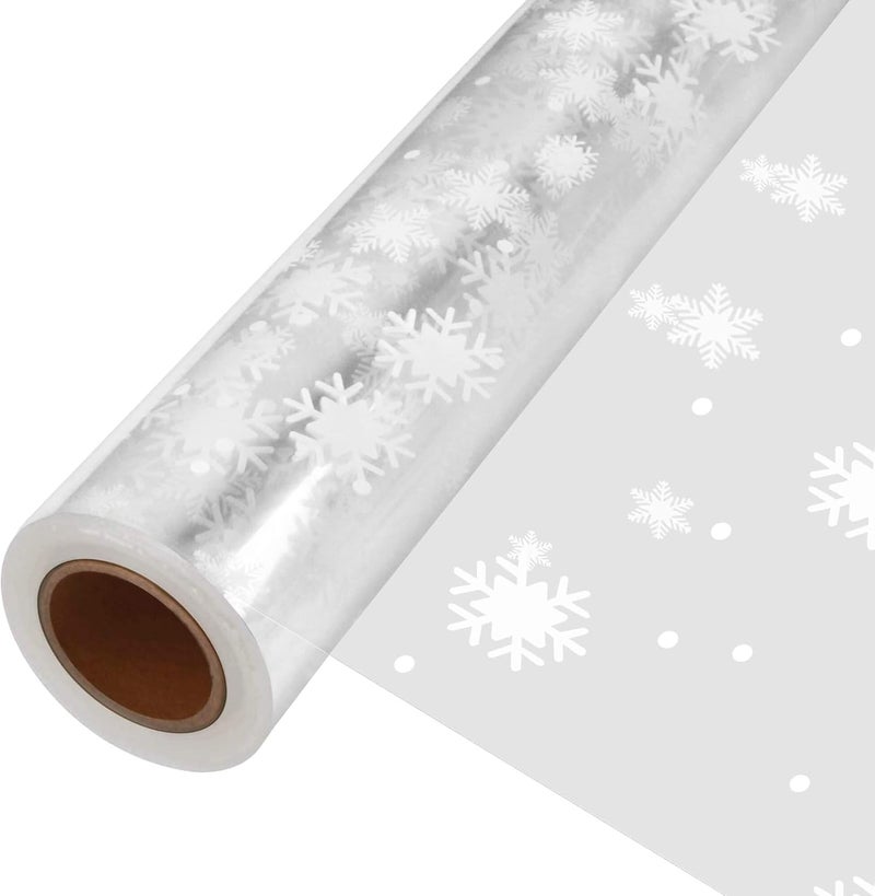 JOYIT 31.5 in X 100 ft Christmas Cellophane Wrap Roll – 3 Mil Thicken Snowflake Clear Cellophane Wrap Roll for Gift Baskets, Clear Cellophane Bags Large for Christmas Gift Baskets(31.5" fold into 16") - Image 1