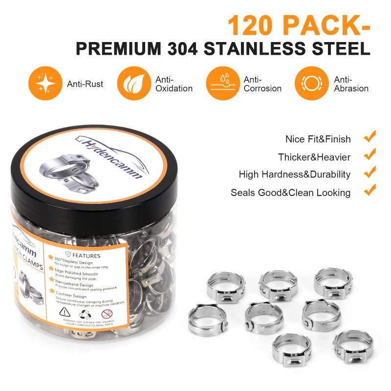 120 حزمة 1/2 بوصة Pex Cinch Clamps Rings حلقات تجعيد من الفولاذ المقاوم للصدأ 304 ممتازة، مشابك قرصة ستبليس مشبك خرطوم أذن واحد لوصلات أنابيب Pex من Hydencamm (1/2 بوصة × 120) - Image 3