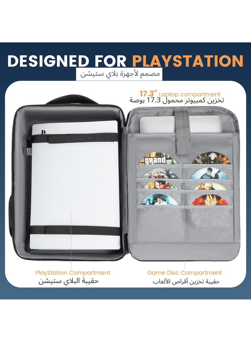 اكسيسن حقيبة سفر للظهر لـ PS5/PS5 Pro/PS5 Slim، حقيبة سفر واقية لحمل أجهزة التحكم وأقراص الألعاب وأجهزة الكمبيوتر المحمولة مقاس 17.3 بوصة والمزيد من ملحقات الألعاب، حقيبة تخزين كبيرة السعة - Image 2
