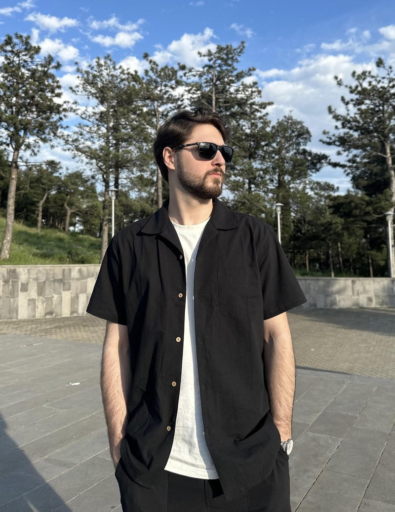 COOFANDY Mens Cotton Shirts Short Sleeve Casual Button Down Shirts Beach Wedding Shirt (Black, Medium) - Image 3