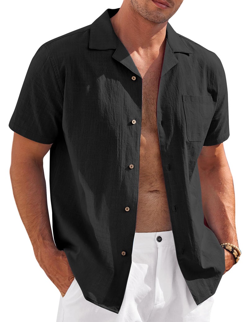 COOFANDY Mens Cotton Shirts Short Sleeve Casual Button Down Shirts Beach Wedding Shirt (Black, Medium) - Image 1