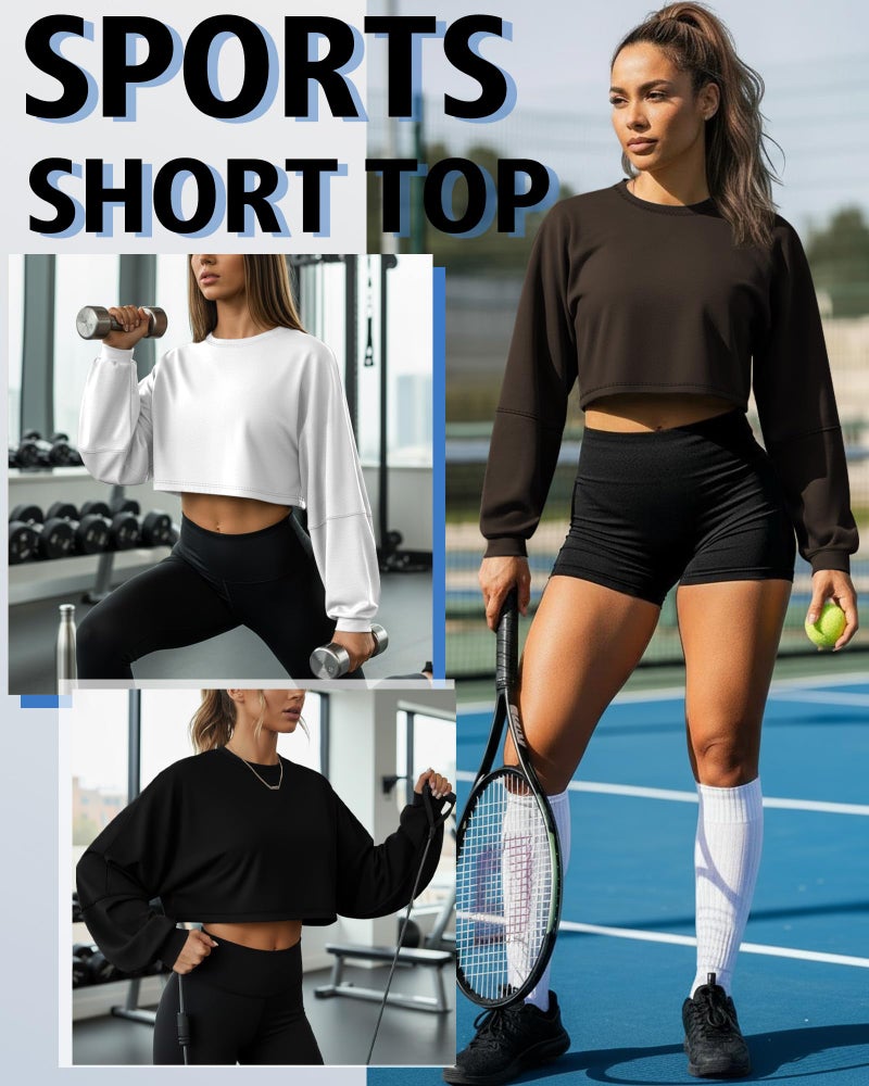 Evervibe 3 Pack Women's Lantern Long Sleeve Oversized Crop Tops Crew Neck Loose Pullover Sweatshirts Casual Workout Shirts(Black, White, Coffee,Medium) - Image 3