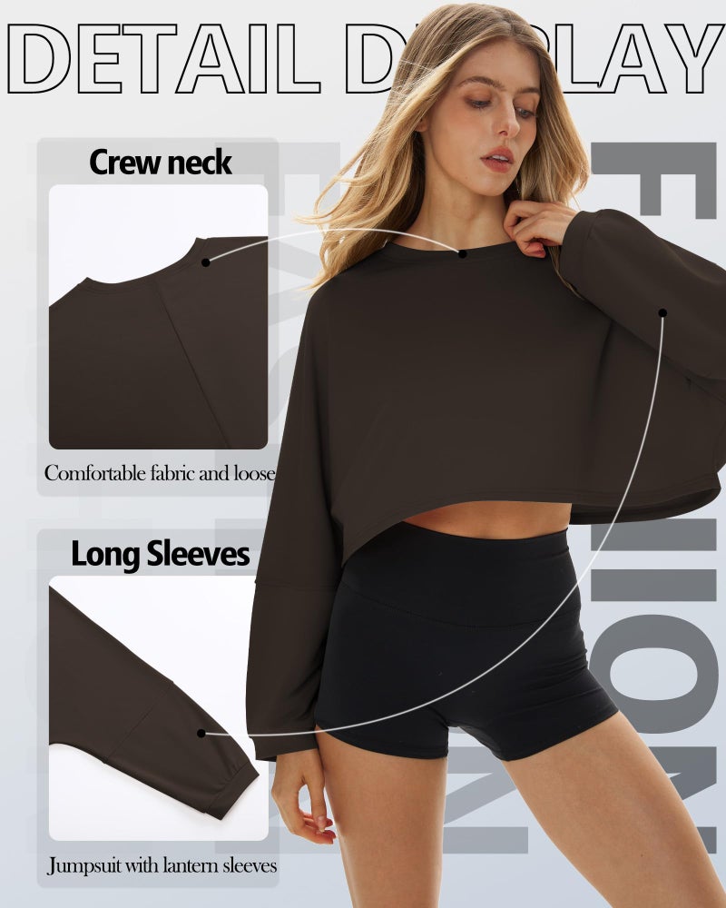 Evervibe 3 Pack Women's Lantern Long Sleeve Oversized Crop Tops Crew Neck Loose Pullover Sweatshirts Casual Workout Shirts(Black, White, Coffee,Medium) - Image 4