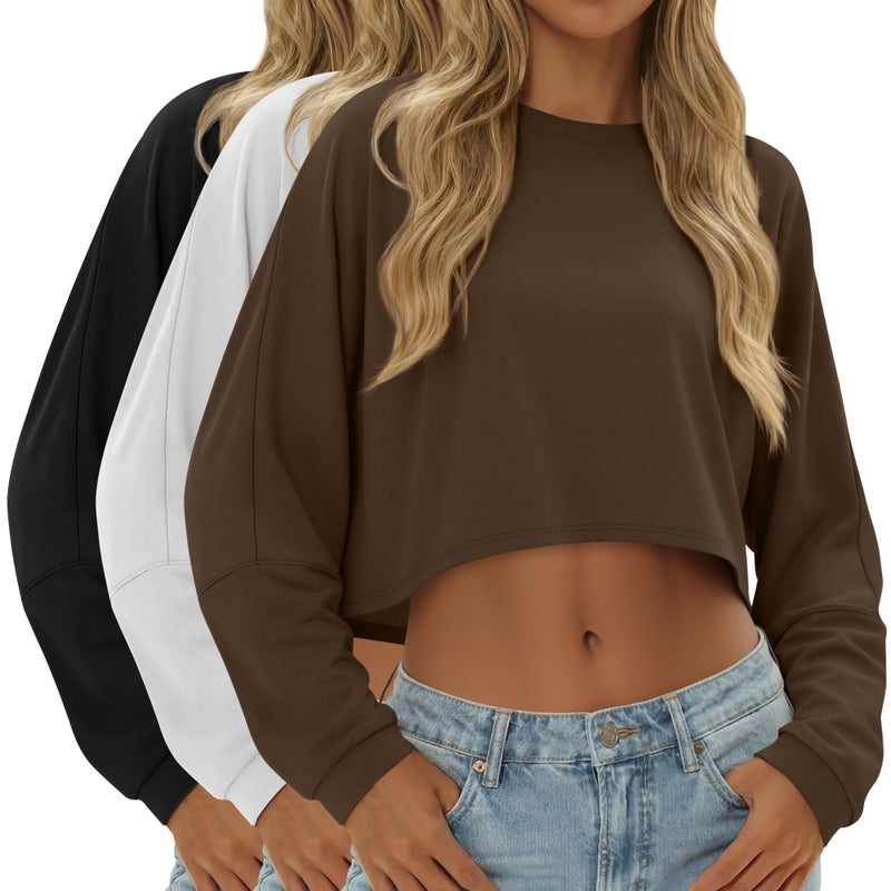 Evervibe 3 Pack Women's Lantern Long Sleeve Oversized Crop Tops Crew Neck Loose Pullover Sweatshirts Casual Workout Shirts(Black, White, Coffee,Medium) - Image 1