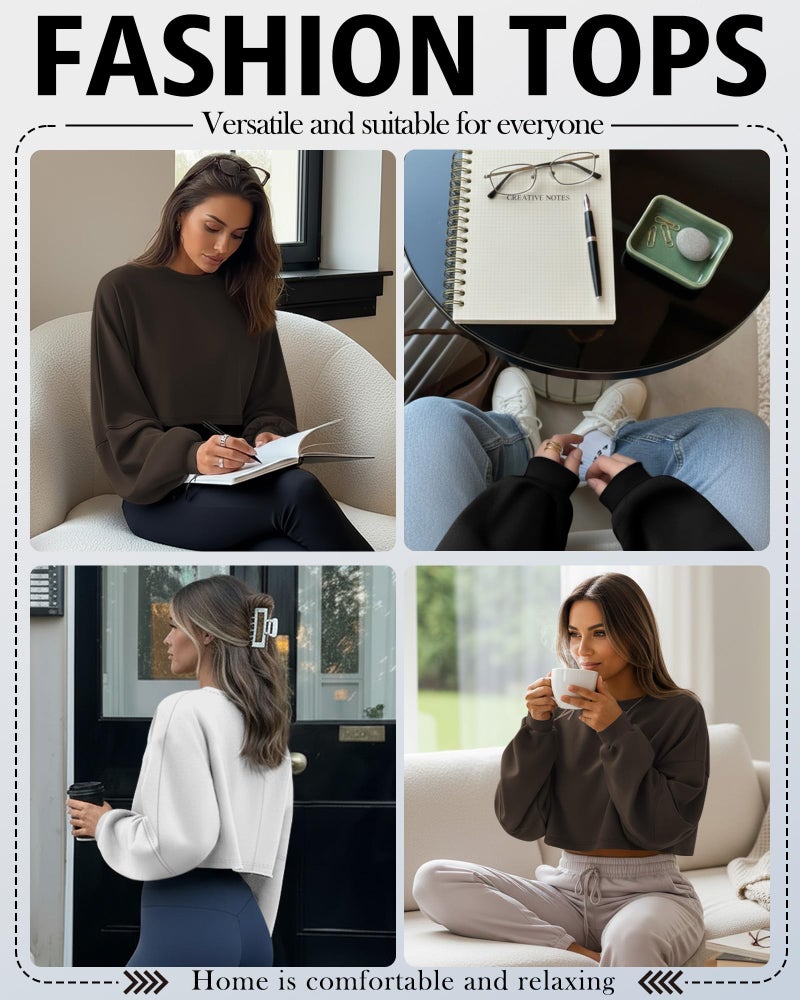 Evervibe 3 Pack Women's Lantern Long Sleeve Oversized Crop Tops Crew Neck Loose Pullover Sweatshirts Casual Workout Shirts(Black, White, Coffee,Medium) - Image 2