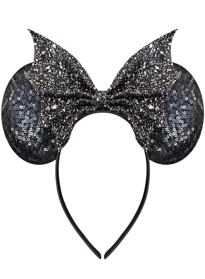Bolonar Bat Wings Mouse Ears Headband for Women, Glitter Sequins Black Halloween Mouse Ears