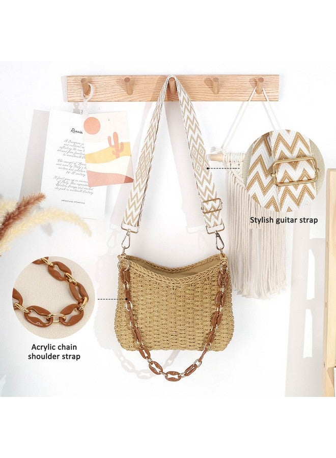 KPX Straw Handbags Purses Crossbody Pocketbook Bag Casual Woven Beach Bags Summer Hobo Hippie Chic Tote Bags with Chain (Chic, Brown) - Image 1