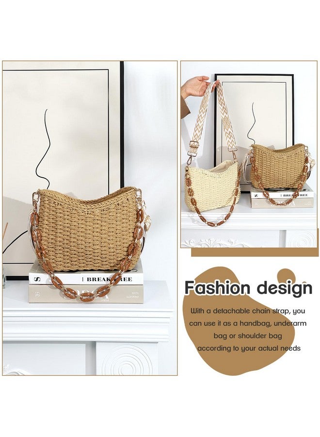 KPX Straw Handbags Purses Crossbody Pocketbook Bag Casual Woven Beach Bags Summer Hobo Hippie Chic Tote Bags with Chain (Chic, Brown) - Image 2