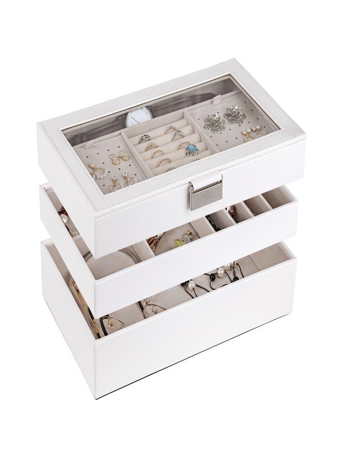 Kendal Jewelry Tray, Stackable Jewelry Box, Drawer Jewelry Organizer, with Glass Lid, Removable Dividers, for Vanity Table, Gift Idea (White) - Image 1