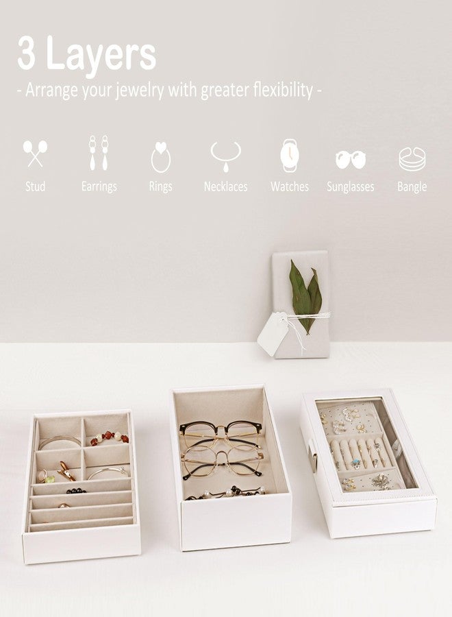 Kendal Jewelry Tray, Stackable Jewelry Box, Drawer Jewelry Organizer, with Glass Lid, Removable Dividers, for Vanity Table, Gift Idea (White) - Image 4