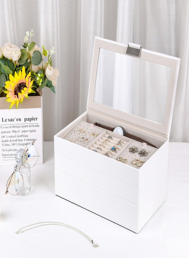 Kendal Jewelry Tray, Stackable Jewelry Box, Drawer Jewelry Organizer, with Glass Lid, Removable Dividers, for Vanity Table, Gift Idea (White) - Image 2