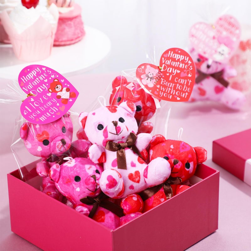 Poen 18 Pack Valentines Day Bears Bulk with Heart Cards Mini Valentine Stuffed Animal with Heart Pattern Bears Toys Keychains for Kids Boy Girl Classroom Prize Goodie Bag Stuffers Party Favor - Image 3