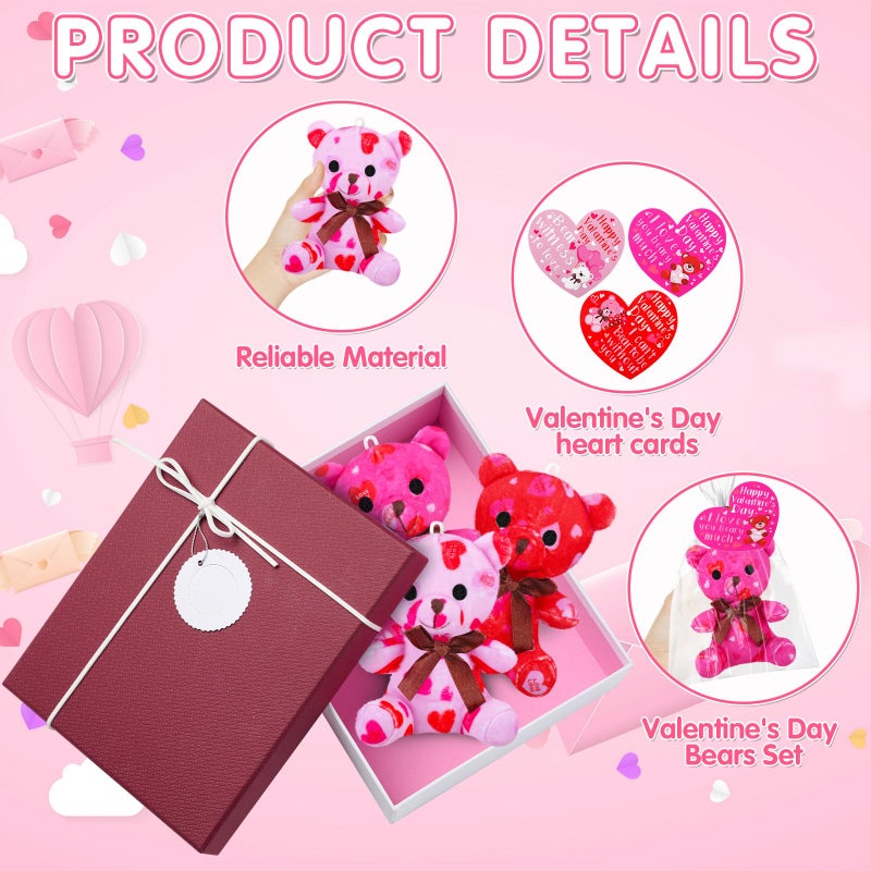 Poen 18 Pack Valentines Day Bears Bulk with Heart Cards Mini Valentine Stuffed Animal with Heart Pattern Bears Toys Keychains for Kids Boy Girl Classroom Prize Goodie Bag Stuffers Party Favor - Image 4