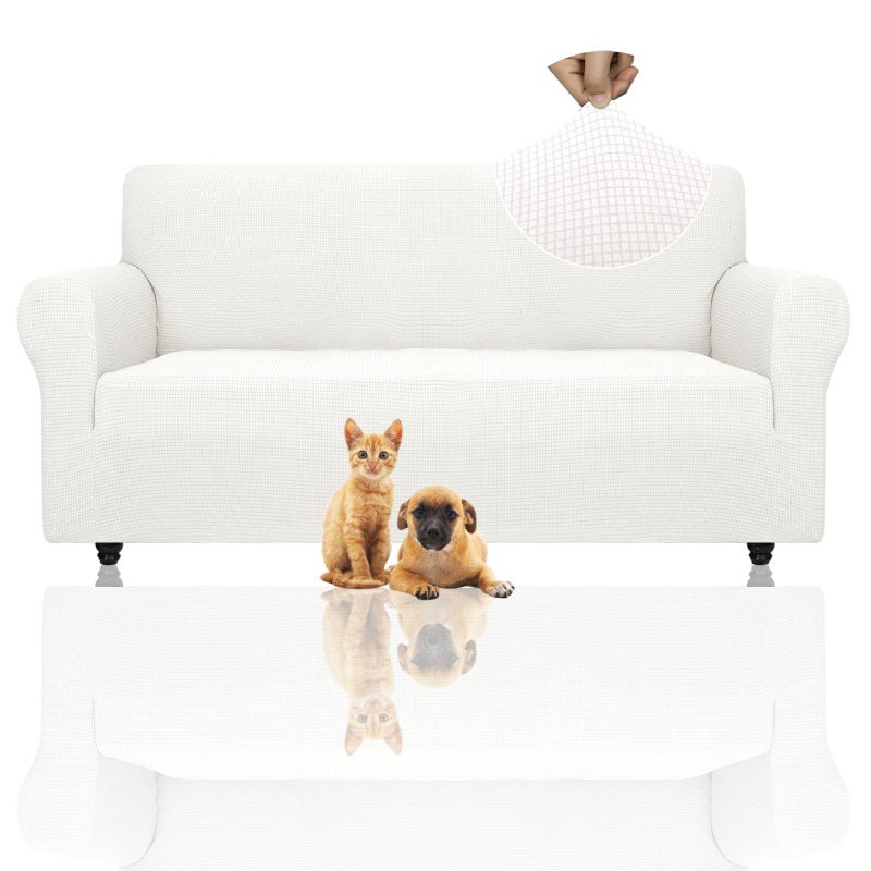 ZNSAYOTX Super Stretch Couch Cover 7292 Universal Sofa Covers with Elastic Bottom Dog Cat Pets Friendly Washable Furniture Protector Fitted Sofa Slipcovers Stay in Place White Sofa