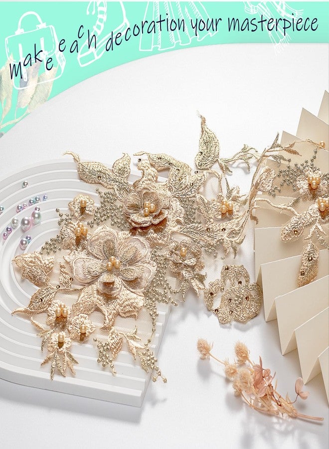 Silvora Colorful Flower Fabric Beaded Lace Applique,3D Embroidered Flower Fabric Patch for Bridal Dress, Handmade Sewing Tool for Wedding DIY Crafts(Gold-1) - Image 4