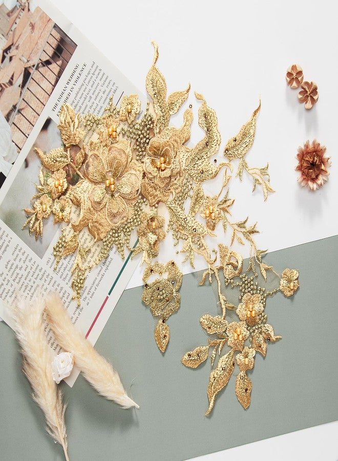 Silvora Colorful Flower Fabric Beaded Lace Applique,3D Embroidered Flower Fabric Patch for Bridal Dress, Handmade Sewing Tool for Wedding DIY Crafts(Gold-1) - Image 3