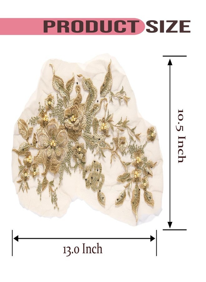 Silvora Colorful Flower Fabric Beaded Lace Applique,3D Embroidered Flower Fabric Patch for Bridal Dress, Handmade Sewing Tool for Wedding DIY Crafts(Gold-1) - Image 2