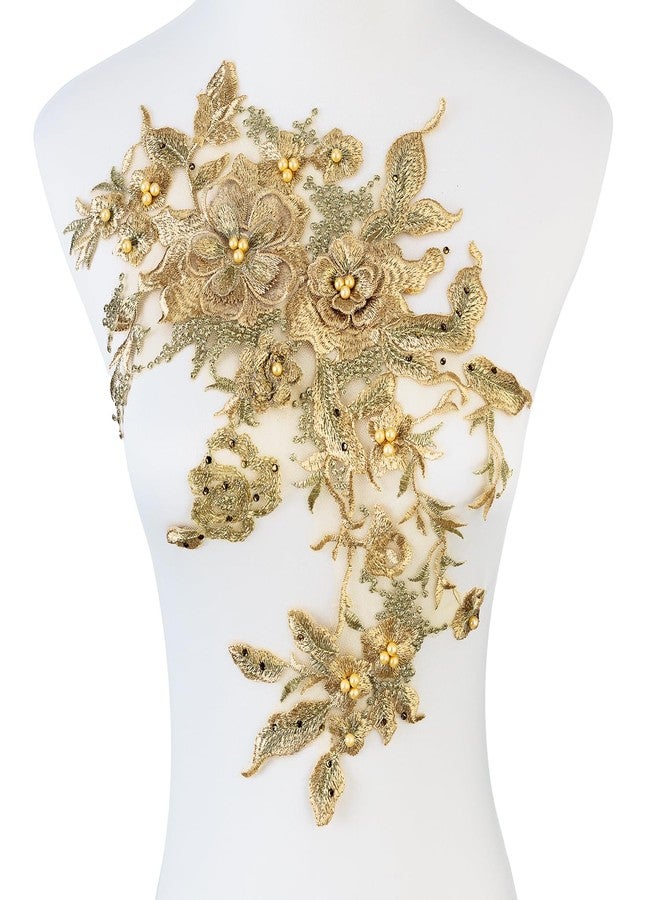 Silvora Colorful Flower Fabric Beaded Lace Applique,3D Embroidered Flower Fabric Patch for Bridal Dress, Handmade Sewing Tool for Wedding DIY Crafts(Gold-1) - Image 1