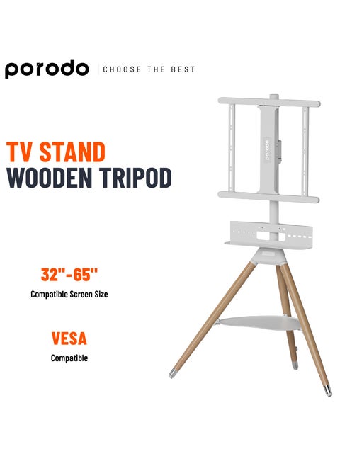 32"-65" Artistic TV Floor Tripod Stand / Versatile Angle Control / Media Device Storage / VESA Compatible - White
