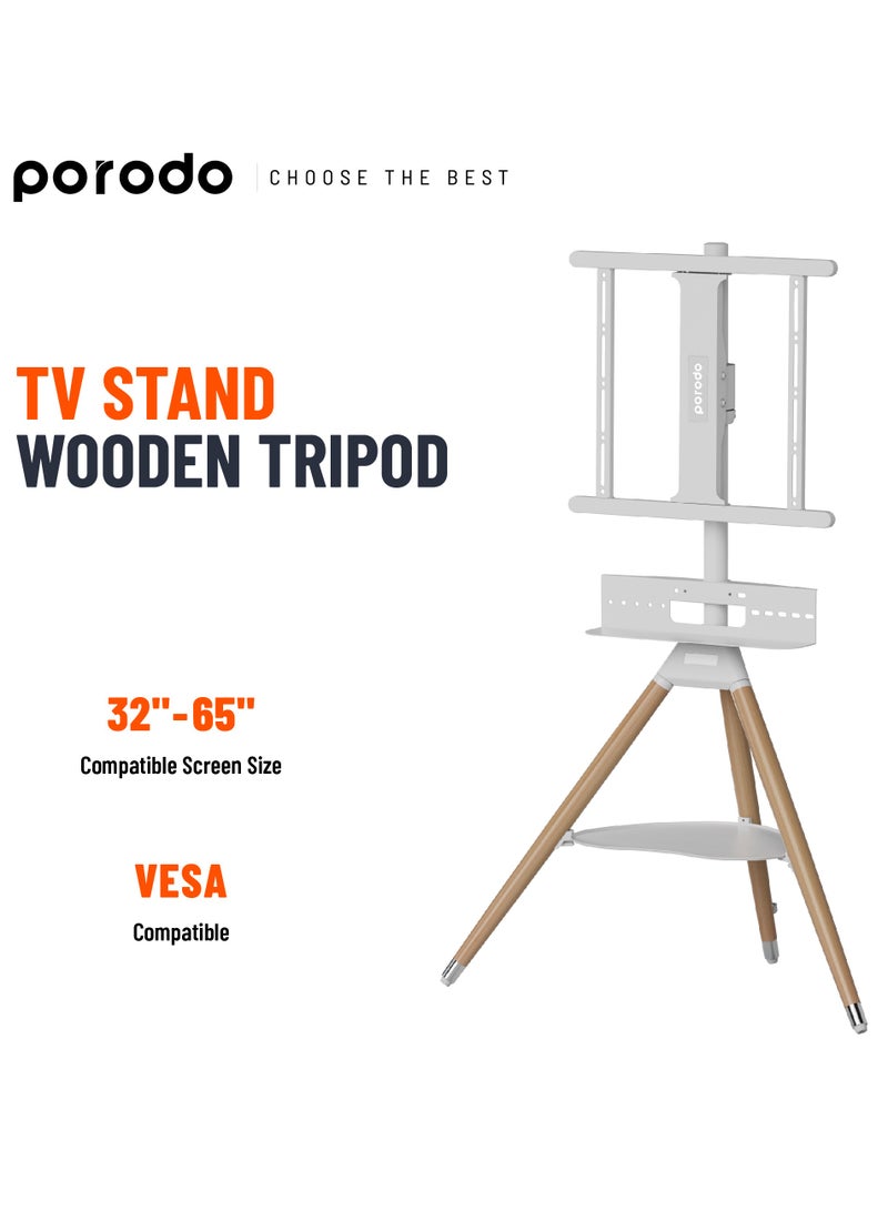 porodo 32"-65" Artistic Tripod TV Floor Stand – Angle Adjustable, Media Storage, VESA Compatible – White - Image 1