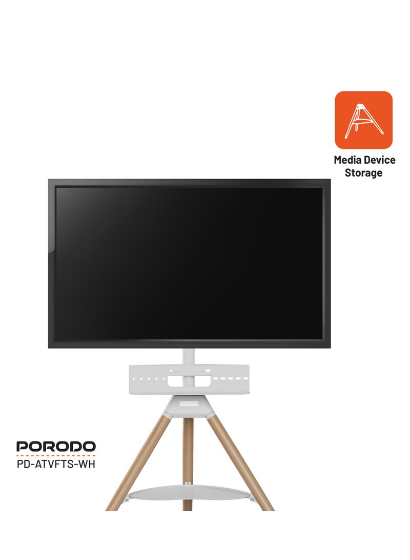porodo 32"-65" Artistic Tripod TV Floor Stand – Angle Adjustable, Media Storage, VESA Compatible – White - Image 2