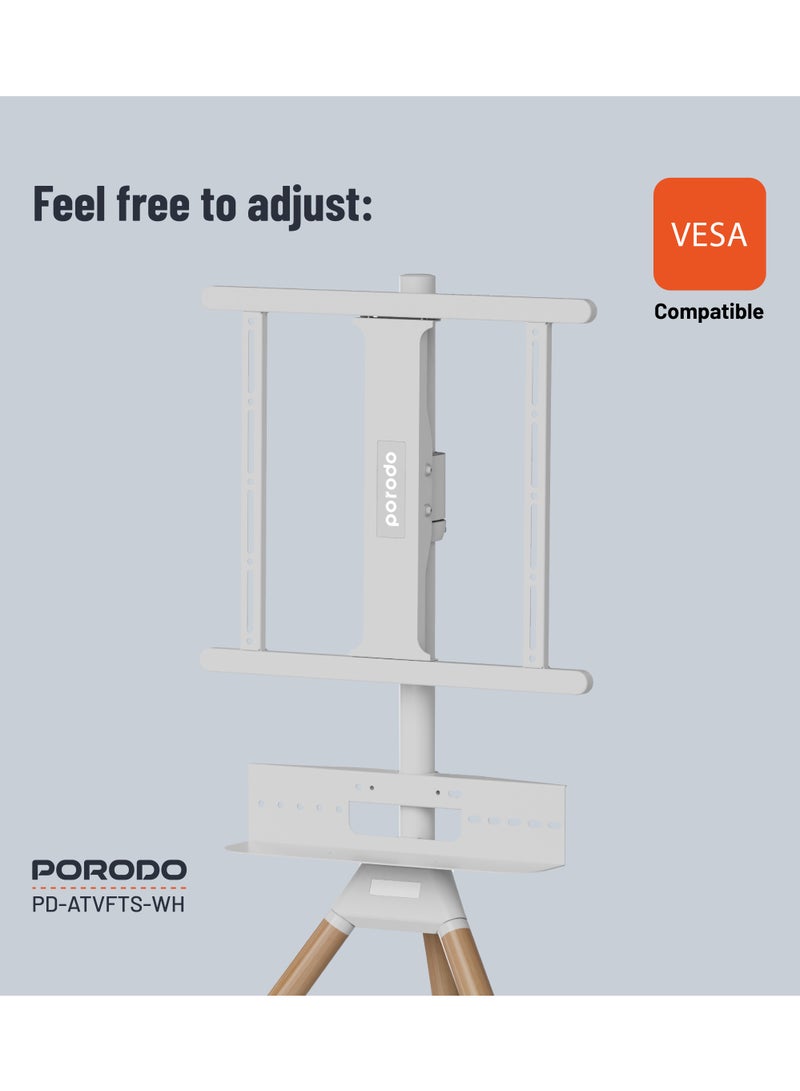 porodo 32"-65" Artistic Tripod TV Floor Stand – Angle Adjustable, Media Storage, VESA Compatible – White - Image 4