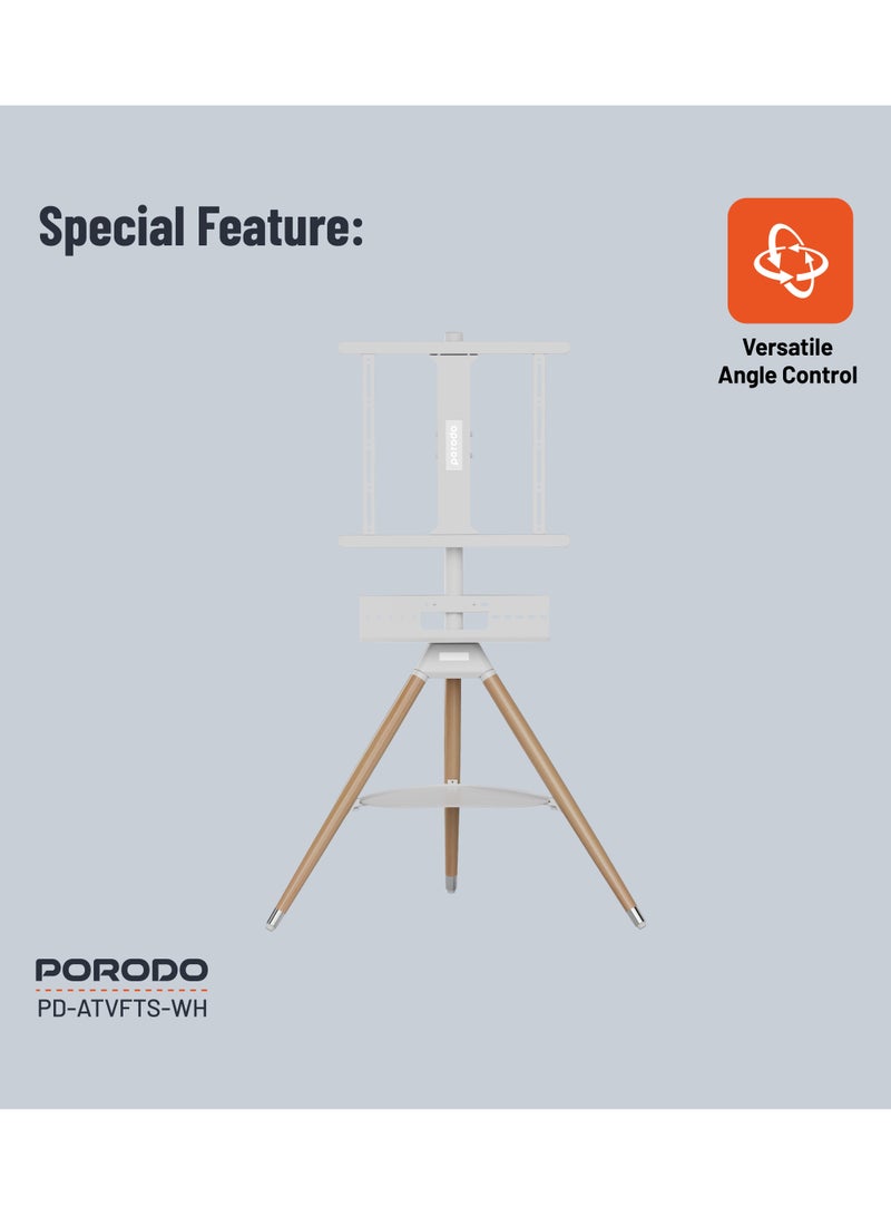 porodo 32"-65" Artistic Tripod TV Floor Stand – Angle Adjustable, Media Storage, VESA Compatible – White - Image 5