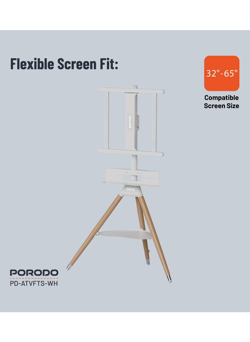porodo 32"-65" Artistic Tripod TV Floor Stand – Angle Adjustable, Media Storage, VESA Compatible – White - Image 3