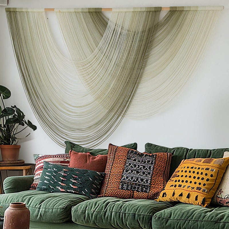 Flber Macrame Wall Hanging Boho Wall Decor Tapestry Dip Dyed Ombre Moss Green Handmade Wall Art Woven Cotton Rope Backdrop with for Bedroom Living Room, 57" W x 39" L - Image 2